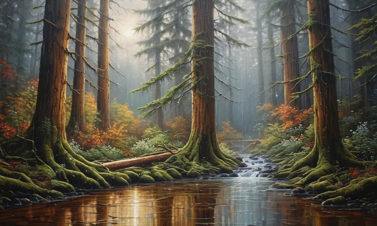 A mesmerizing painting captures the ethereal beauty of wet wood, its glistening texture and intricate patterns, showcasing the enchanting allure of nature's transformative power.