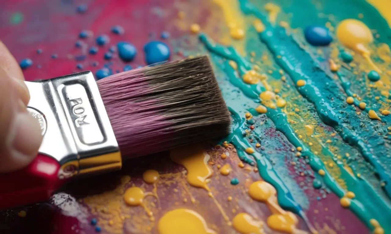 A vibrant photograph capturing a close-up of a paintbrush delicately applying a layer of Mod Podge over a vivid acrylic painting, showcasing the seamless blend of colors and textures.