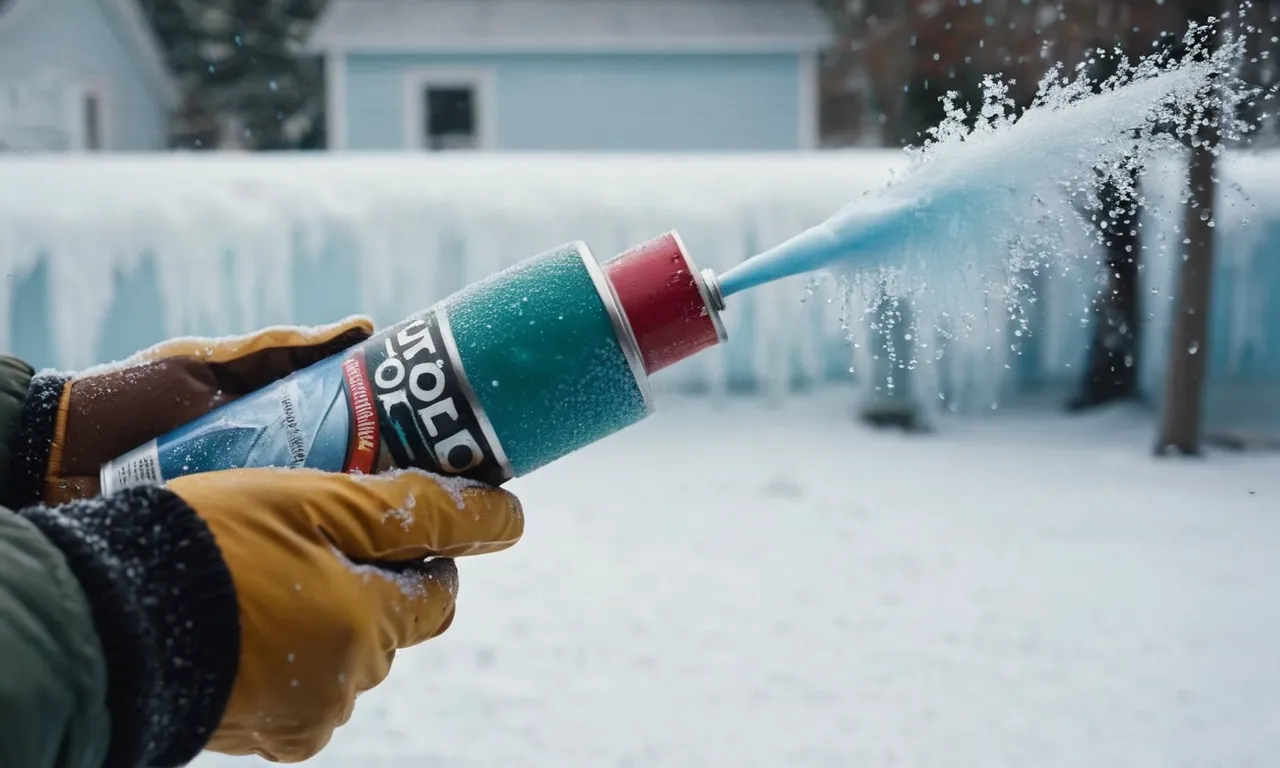 A photograph showcasing a hand holding a frozen spray can, surrounded by icy droplets, capturing the challenge of spray painting in cold weather.