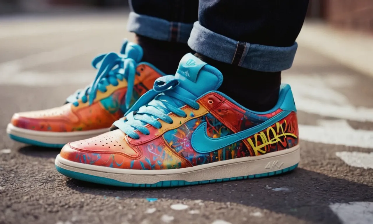 A close-up shot captures vibrant, graffiti-covered sneakers, showcasing artistic potential as spray paint transforms ordinary shoes into unique and personalized works of wearable art.