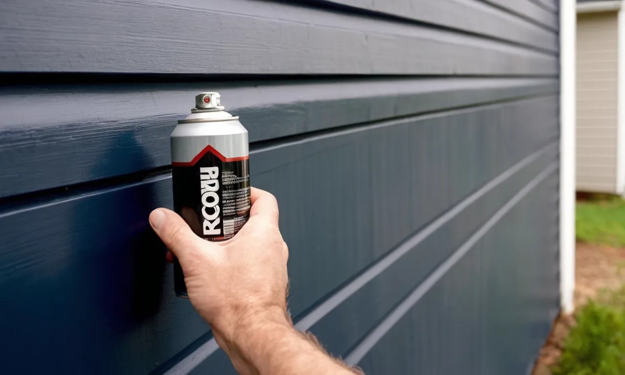 A close-up shot of a hand holding a can of spray paint, poised over a section of vinyl siding, capturing the anticipation and curiosity of whether it is possible to spray paint vinyl siding.
