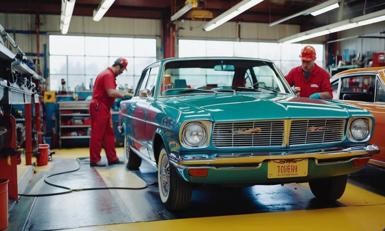 A vivid portrayal of a bustling car paint and body shop, with workers meticulously restoring vehicles amidst a backdrop of vibrant colors and gleaming surfaces.