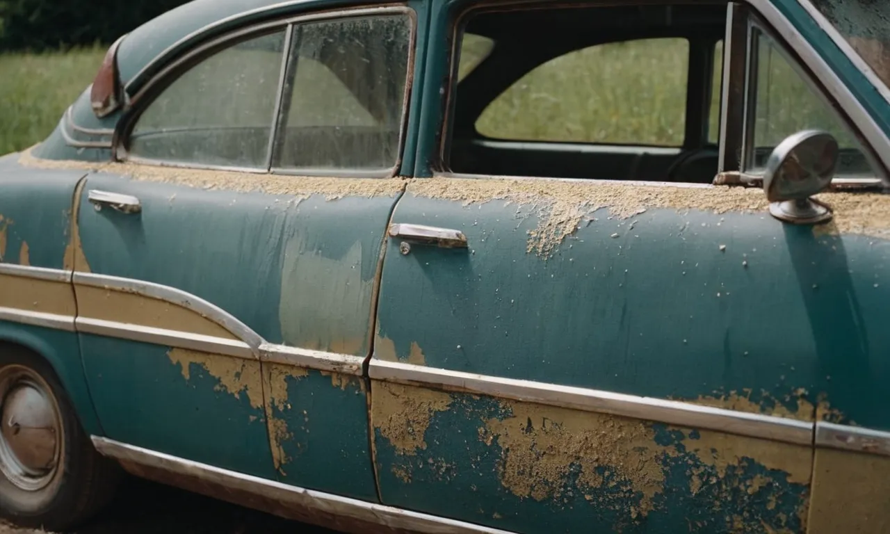 A close-up shot of a car's faded and peeling paint, revealing patches of primer and exposing the wear and tear, symbolizing a cheap and poorly done paint job.