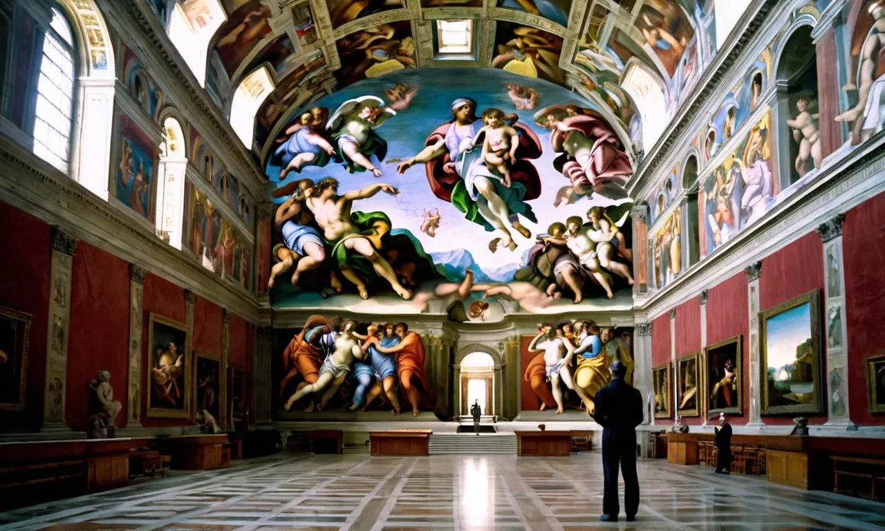 A photo capturing the Sistine Chapel, showcasing Michelangelo's awe-inspiring frescoes, highlighting the artist's solitary figure diligently working amidst the grandeur, answering the question "Did Michelangelo paint the Sistine Chapel alone?"