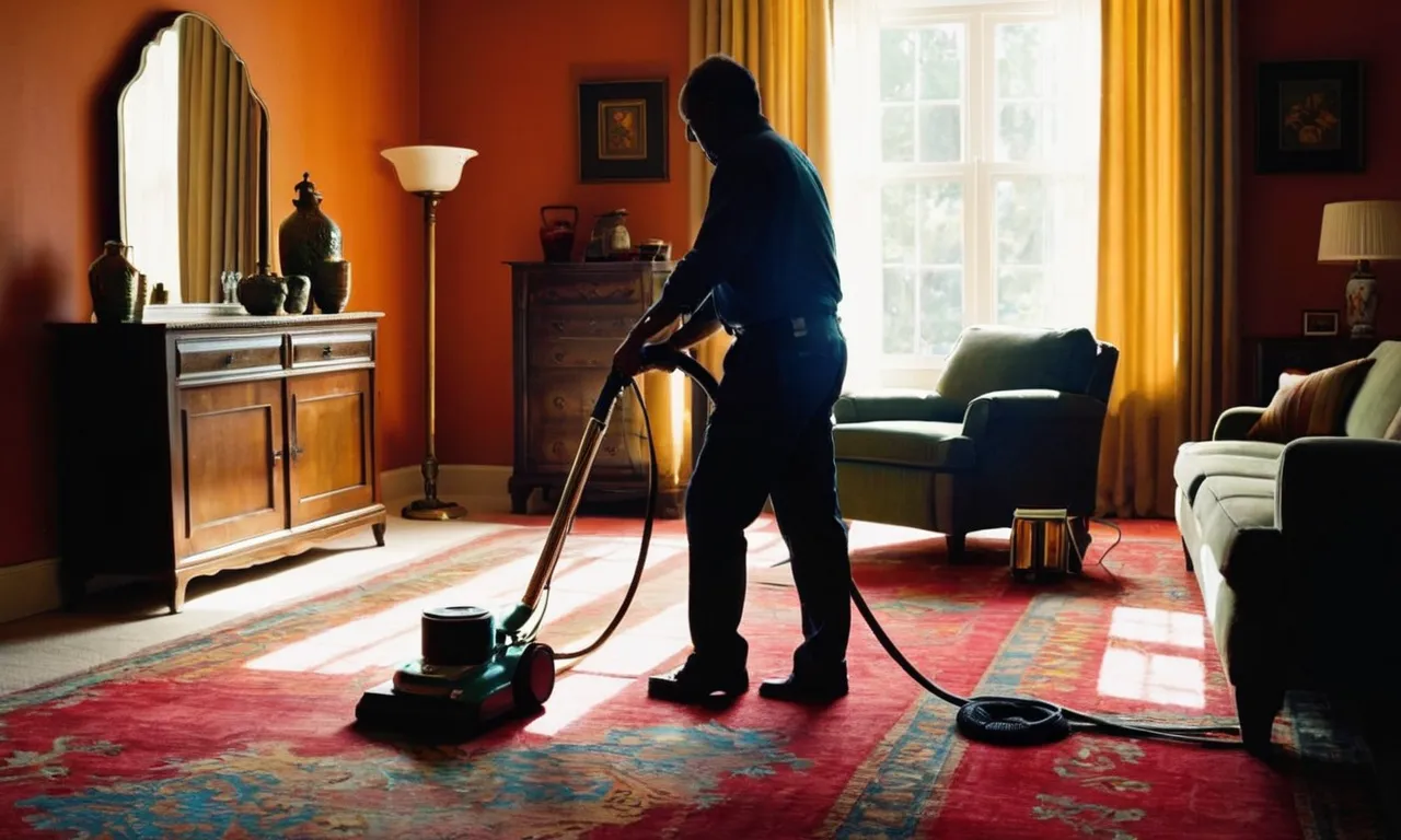 A photo capturing the moment when a team of carpet cleaners delicately lifts and moves a heavy piece of furniture, revealing the cleaned carpet underneath, showcasing their expertise and efficiency.