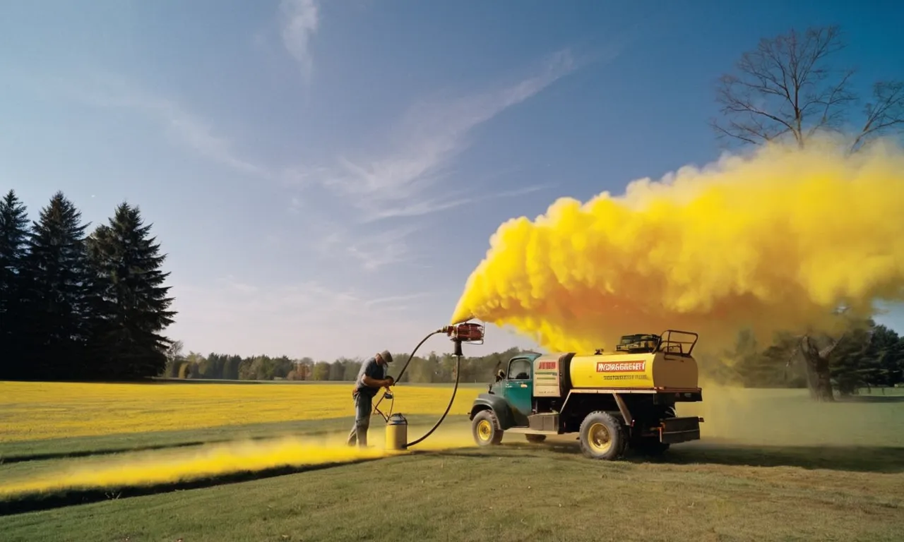 A painting captures a vibrant scene of a paint sprayer in action, depicting the illusion of excess paint in the air, hinting at the question of whether paint sprayers truly consume more paint.