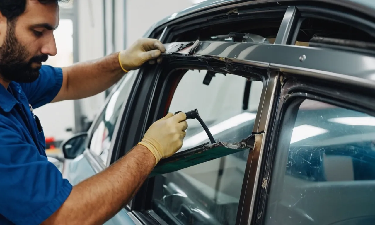 A close-up photograph capturing a damaged car door frame being expertly repaired by a skilled technician, highlighting the intricate process and the cost-effective solution.