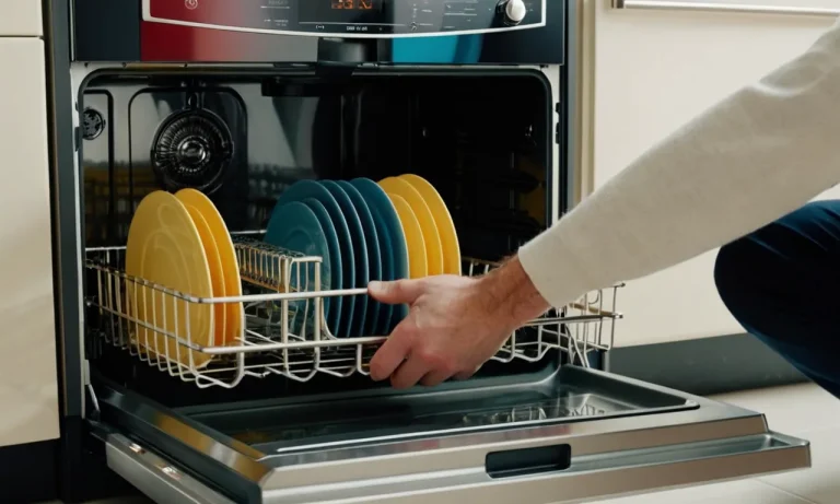 A close-up shot of a dishwasher's open door, revealing a hand holding a dishwasher pod, poised to place it into the designated compartment.