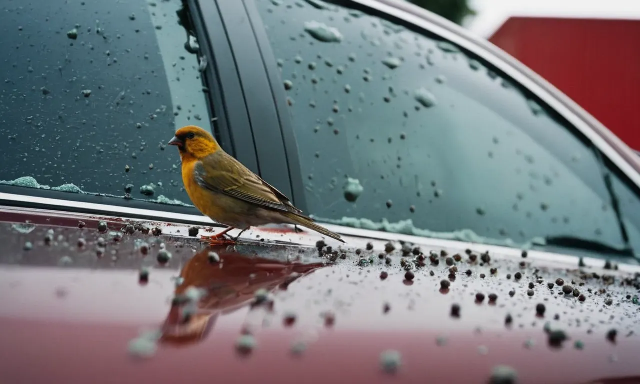 A close-up photo capturing the aftermath of a bird's droppings on a car's glossy surface, showcasing the potential damage caused by bird poop on car paint.