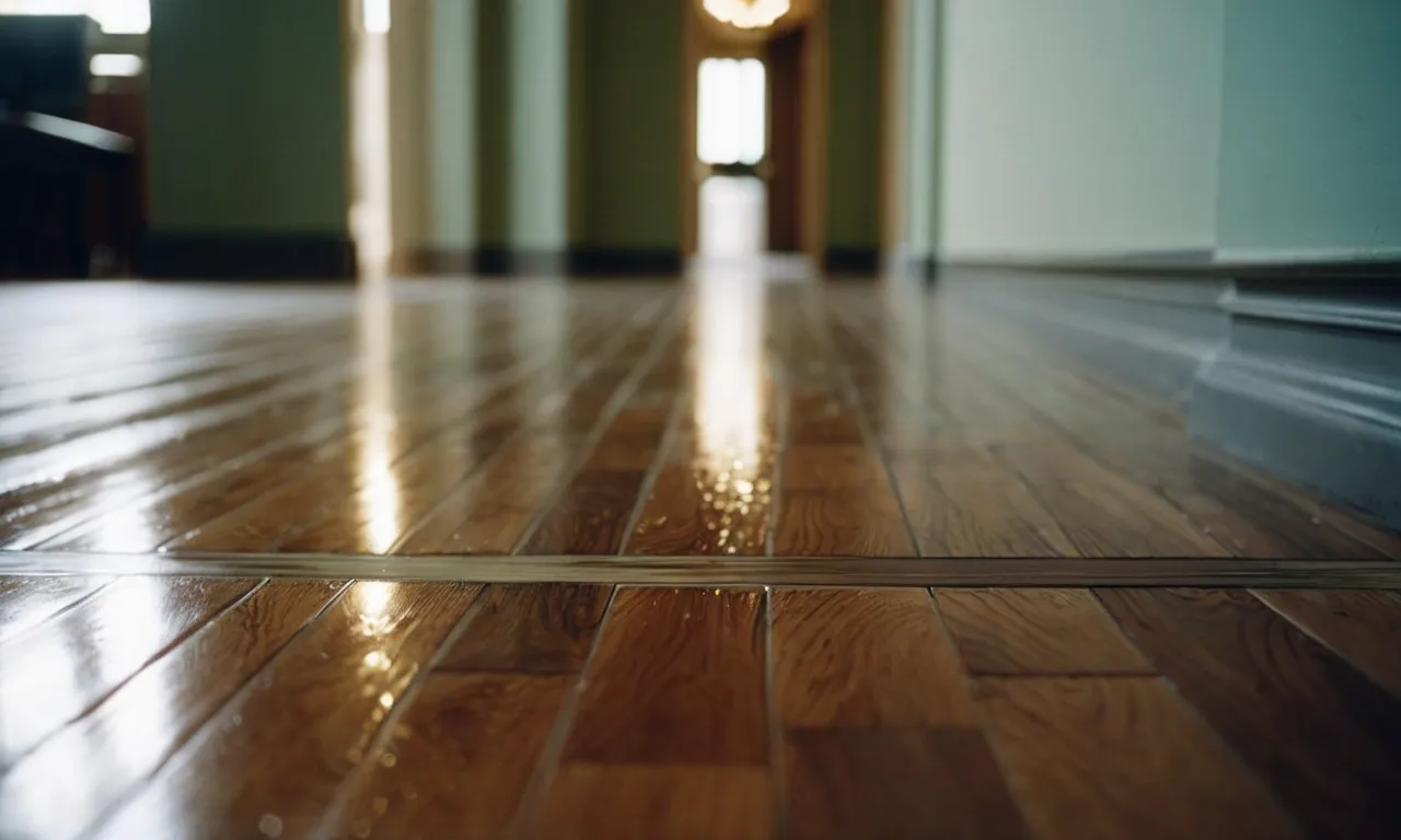 A close-up photo of a sparkling clean floor, taken from a low angle, captures the shine and absence of residue, showcasing the effectiveness of Bona floor cleaner.