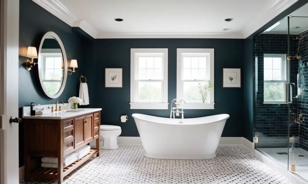 A beautifully renovated bathroom captures a serene atmosphere with a fresh coat of white ceiling paint, illuminating the space and enhancing its cleanliness and elegance.