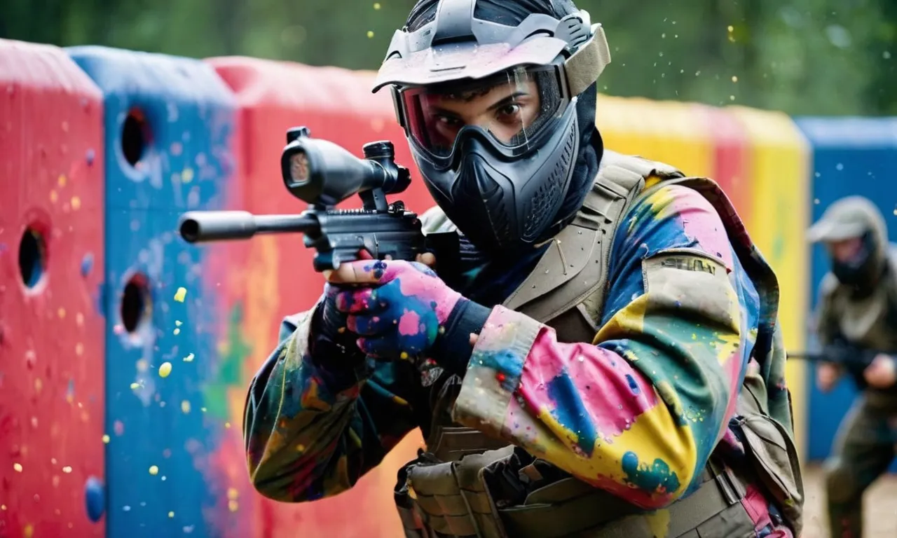 A vibrant action shot captures a paintball player covered in colorful splatters, their clothes stained with the aftermath of a thrilling game, highlighting the question, "Does paintball paint come out of clothes?"