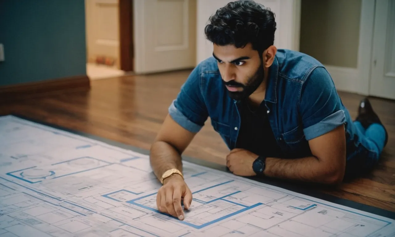 A photograph showcasing a perplexed individual gazing at a blueprint, questioning whether the square footage calculation encompasses the second floor, evoking curiosity and uncertainty.