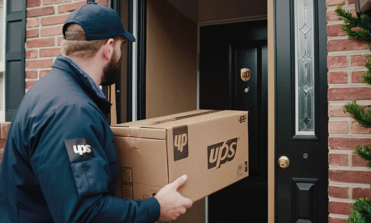 A close-up shot of a UPS delivery truck parked in front of a residential door, with a delivery person holding a package and ringing the doorbell.