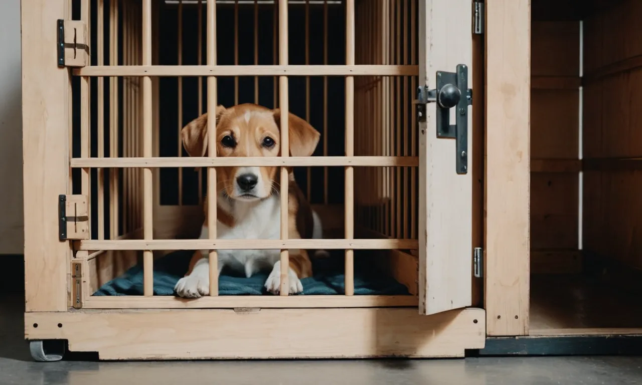 A serene painting capturing the tranquility of a dog peacefully nestled in its crate, the open door symbolizing a sense of freedom and security.