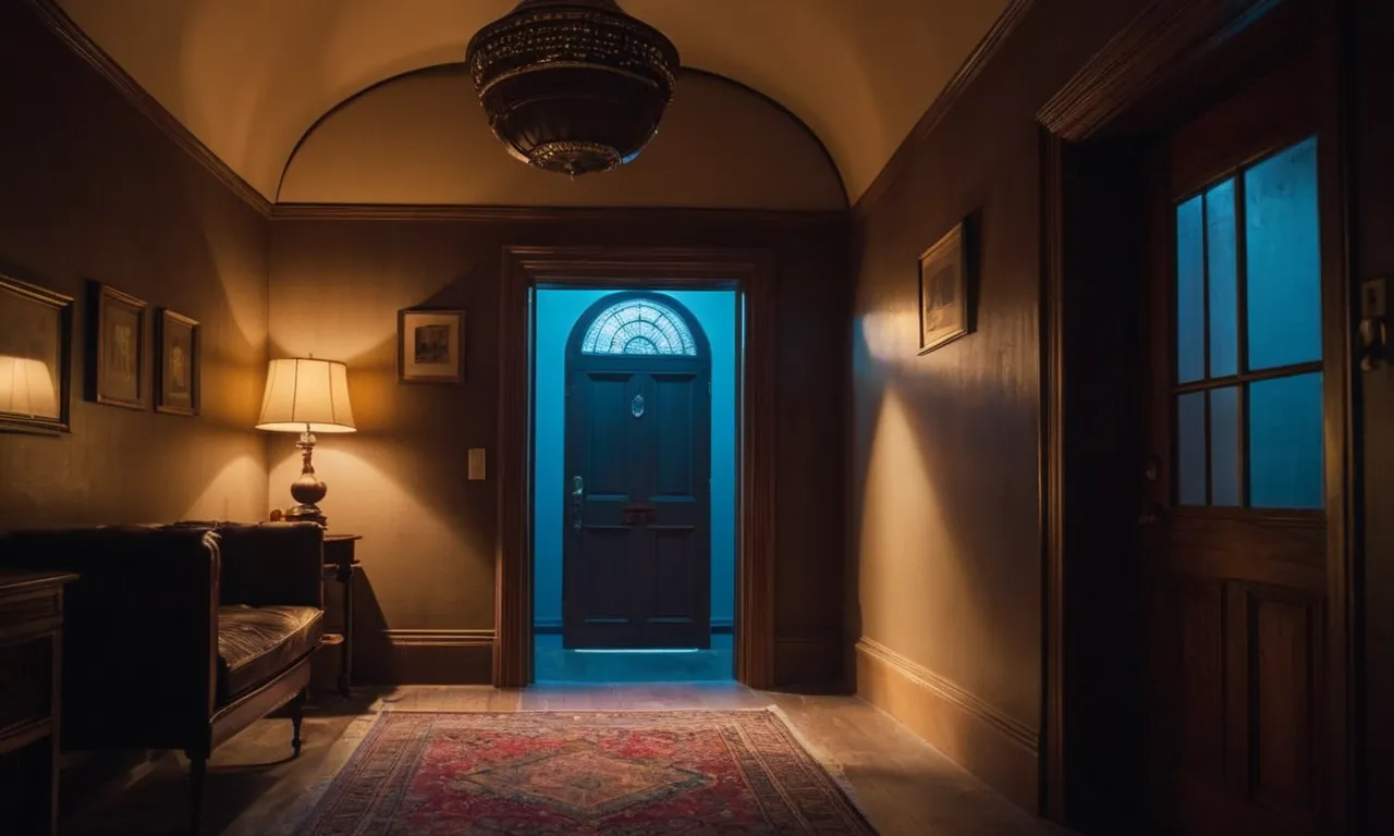 A dimly lit room, a closed door, and a glowing dome light persisting, casting an eerie ambiance upon the silent space.