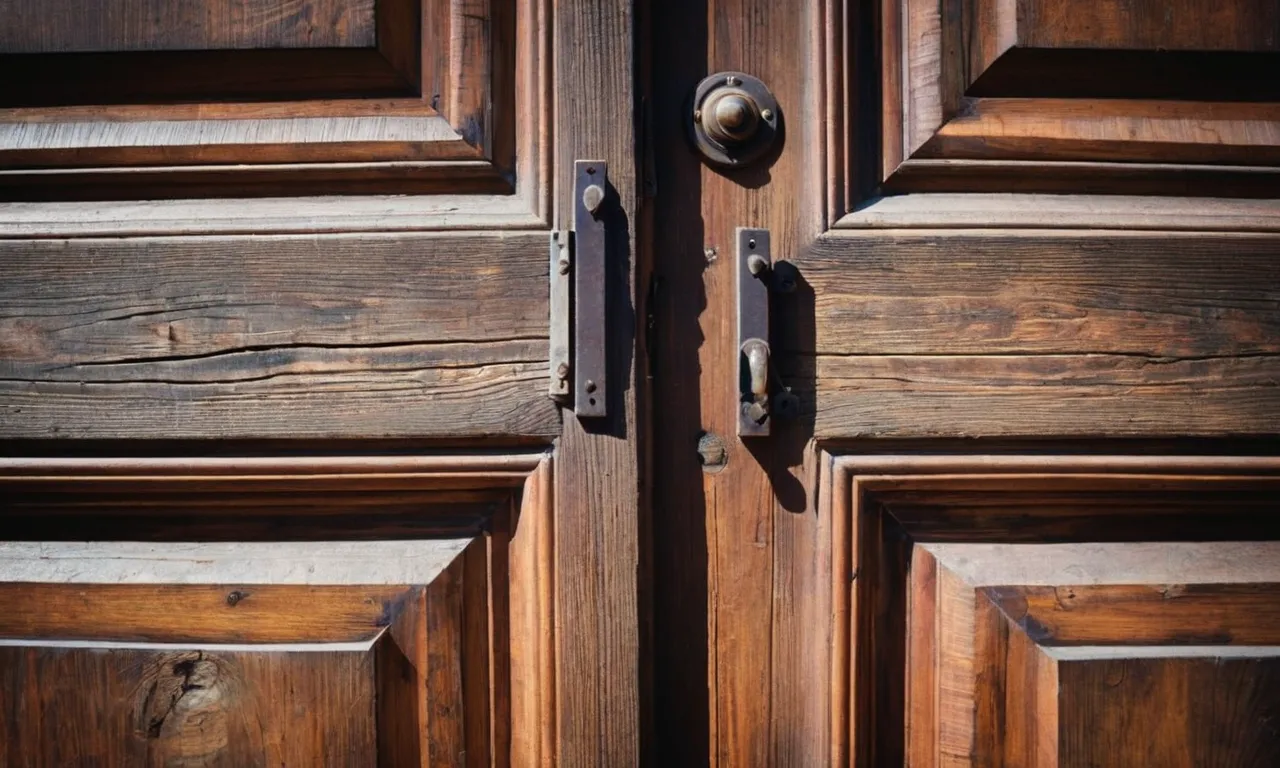 A close-up shot of an aged wooden door, partially ajar, with light streaming through the cracks, capturing the anticipation and mystery of what lies beyond.