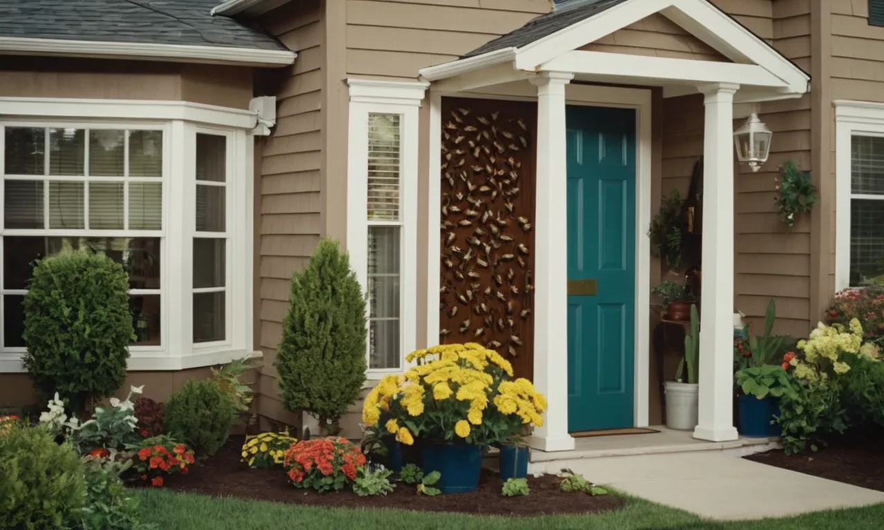 A chaotic painting capturing door to door pest control sales, featuring energetic salespeople, perplexed homeowners, and a backdrop of diverse insects, portraying the hustle and bustle of this unique profession.