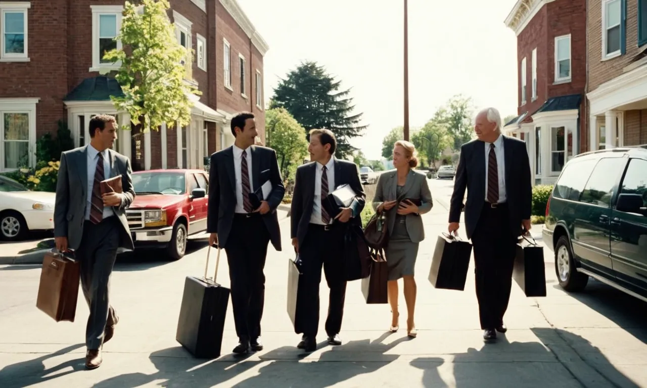 A bustling street scene captures the energy of door-to-door sales companies, with salespeople carrying briefcases, knocking on doors, and engaging with skeptical homeowners.