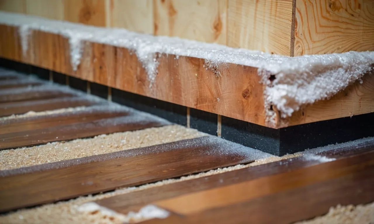 A close-up photo capturing a perfectly installed layer of rigid foam insulation snugly fitted between the floor joists, ensuring efficient thermal insulation and reducing heat loss.