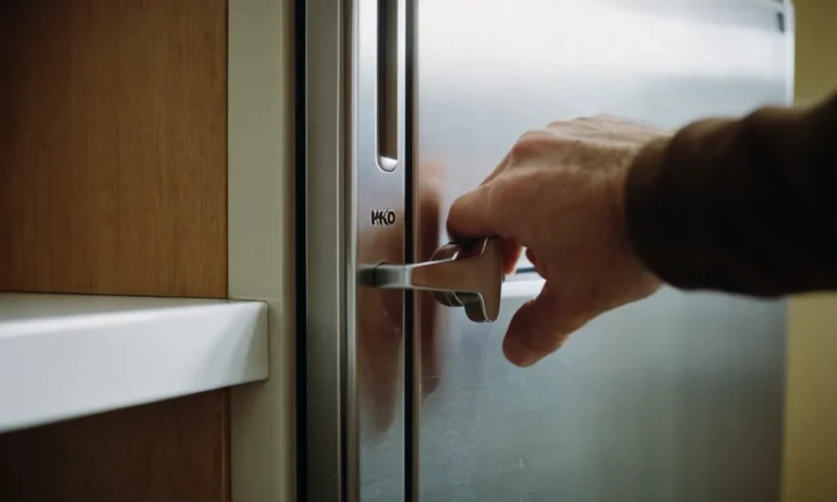 A close-up photo of a fridge door handle, with a blurred background of a hand reaching out to close it, capturing the tension and anticipation of the rattling noise about to occur.