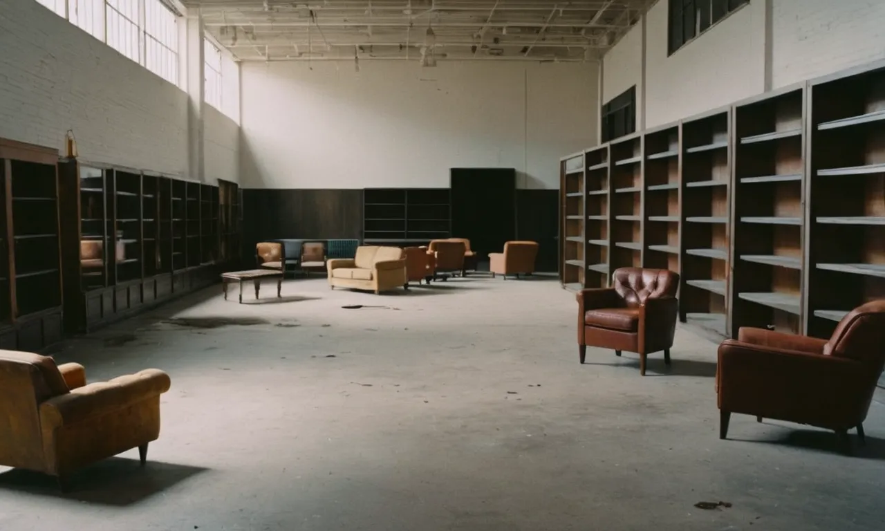A melancholic painting capturing the desolation of empty furniture showrooms, with dusty shelves, abandoned chairs, and a somber atmosphere symbolizing the demise of once thriving businesses.