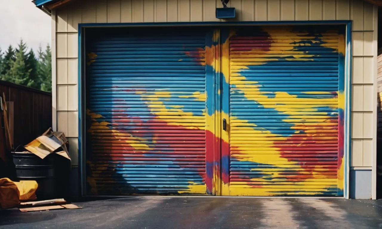 A vivid painting captures the chaos of a garage door being opened, with bold brushstrokes depicting the noise and motion, evoking a sense of anticipation and energy.