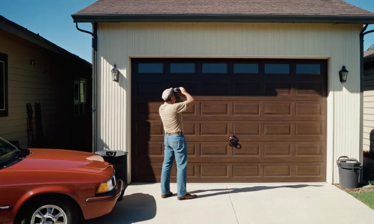 A photo capturing a frustrated homeowner standing outside their garage, remote in hand, as the garage door remains stubbornly open, casting a shadow of annoyance on their face.