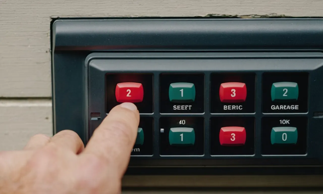 A close-up photo capturing a frustrated hand pressing buttons on a garage door opener keypad, displaying a blank screen, emphasizing the malfunctioning issue.