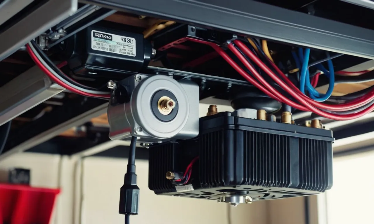 A close-up shot capturing the intricate gears and wires of a newly installed garage door opener motor, showcasing the precision and mechanics involved in a replacement.