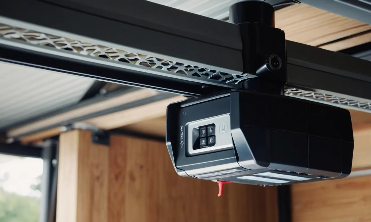 A close-up photo capturing the intricate mechanism of a sleek garage door opener, highlighting its modern design and suggesting the potential cost of replacement.