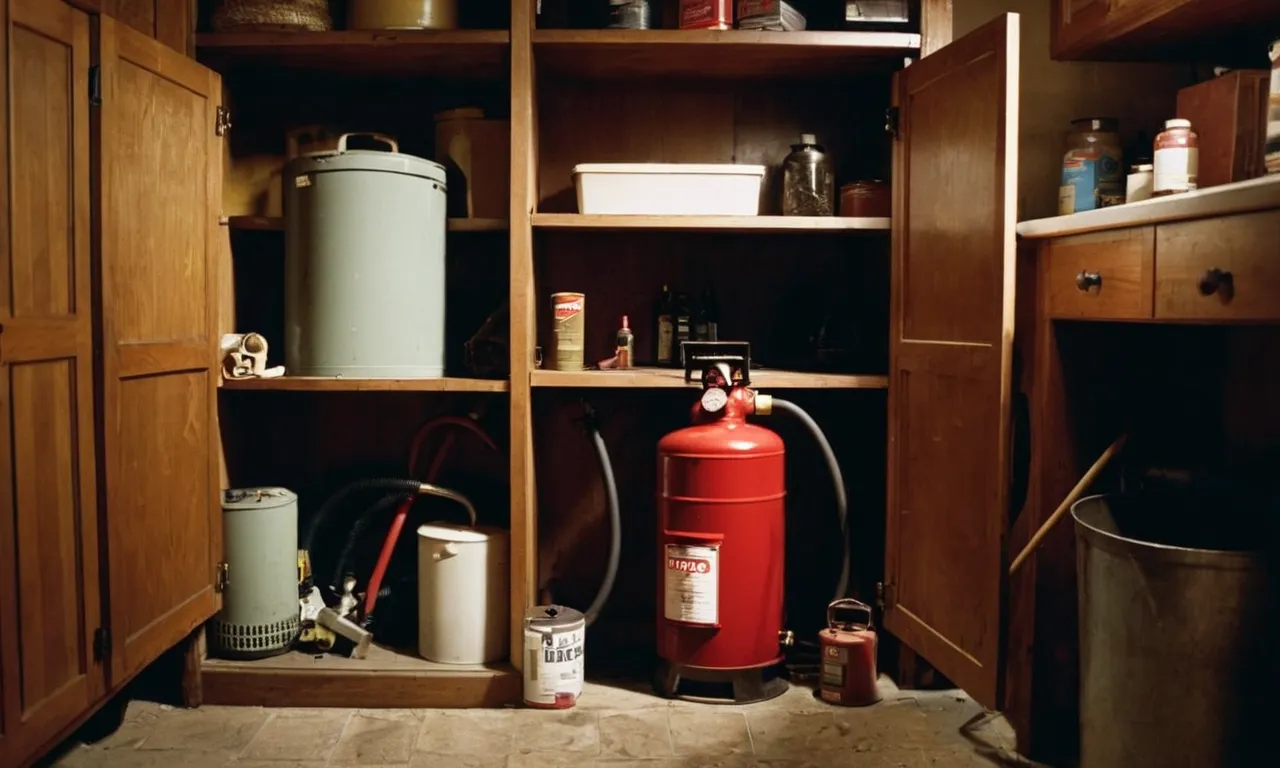 A dimly lit utility closet with a gas water heater as the centerpiece, surrounded by scattered tools and a person holding a match, attempting to ignite the pilot light.