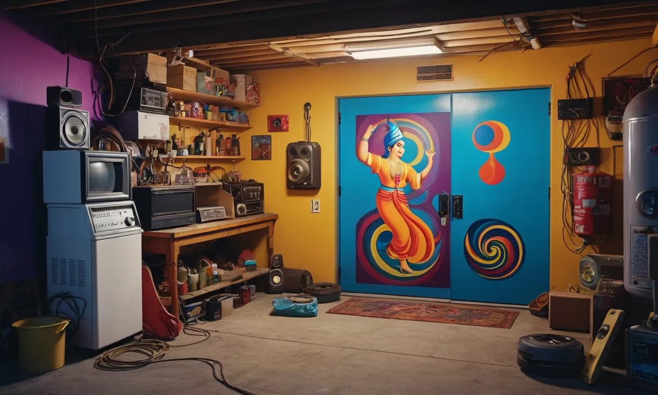 A vibrant painting depicts a genie emerging from a garage door opener remote, surrounded by swirling colors and symbols representing the intricate process of programming.