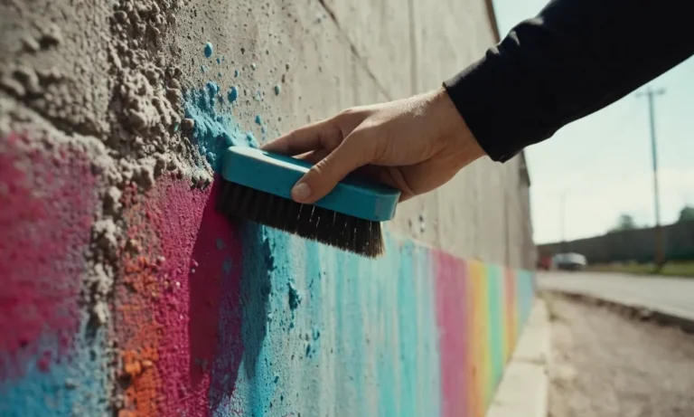A close-up shot capturing the gritty texture of a concrete wall, partially covered in vibrant spray paint, with a focused hand holding a scrub brush, determined to erase the colorful marks.