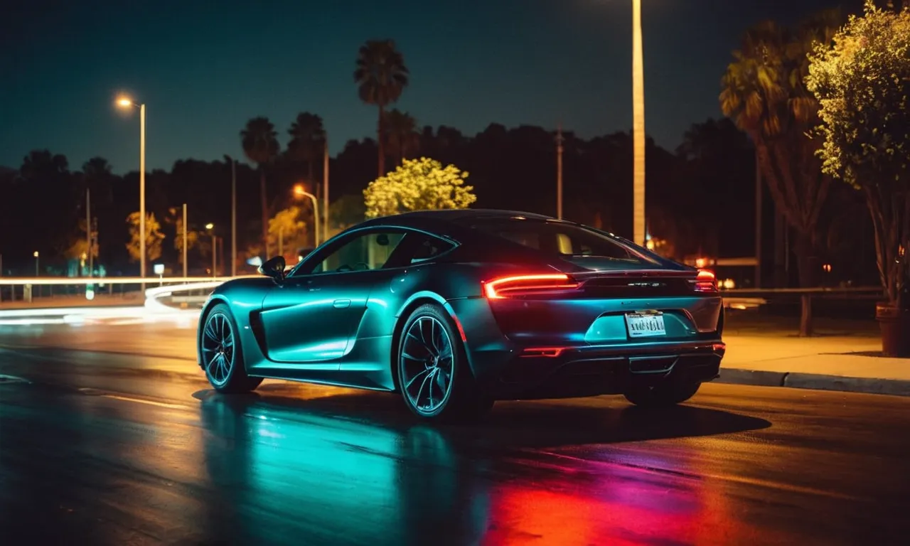 A mesmerizing night scene captures a sleek car covered in glow-in-the-dark paint, emanating an ethereal aura as the vibrant hues illuminate the darkness with a captivating and futuristic glow.