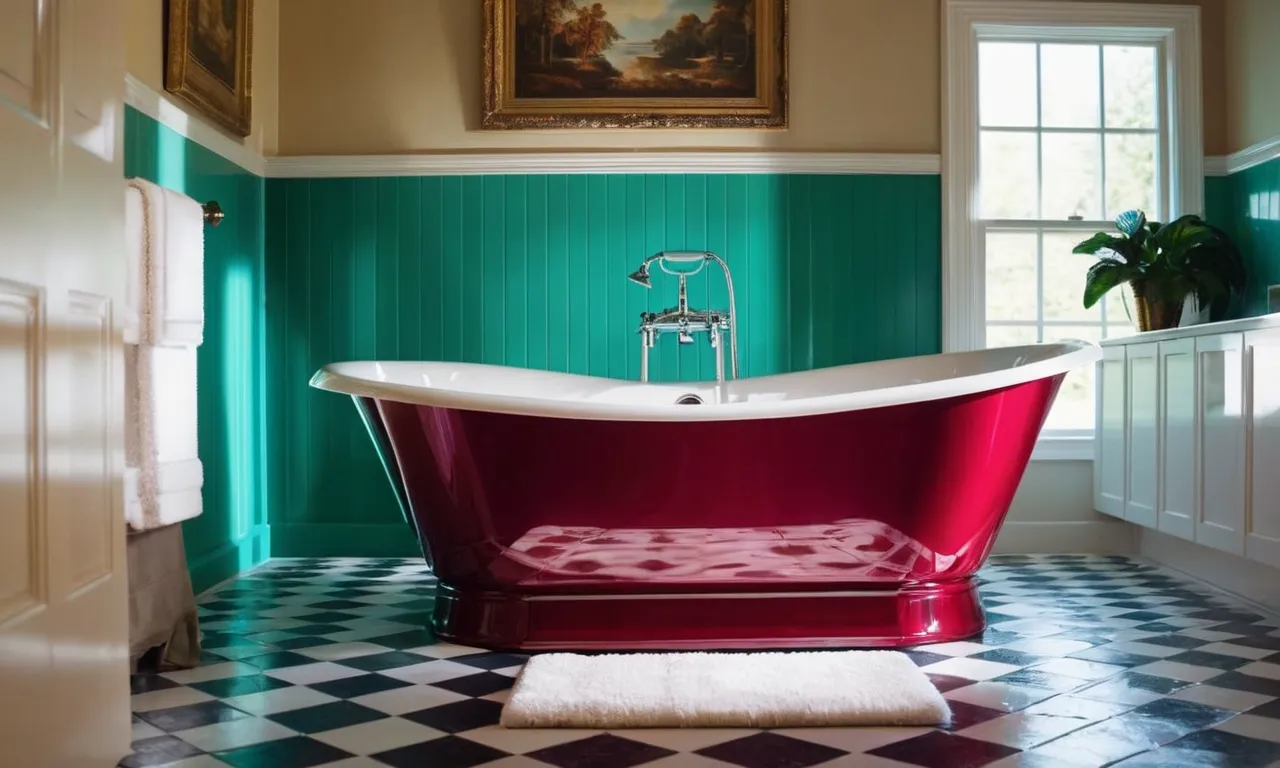 A vibrant, glossy fiberglass bathtub, flawlessly painted with the best quality paint, glistening under the perfect lighting, capturing the essence of a luxurious and rejuvenating bathing experience.