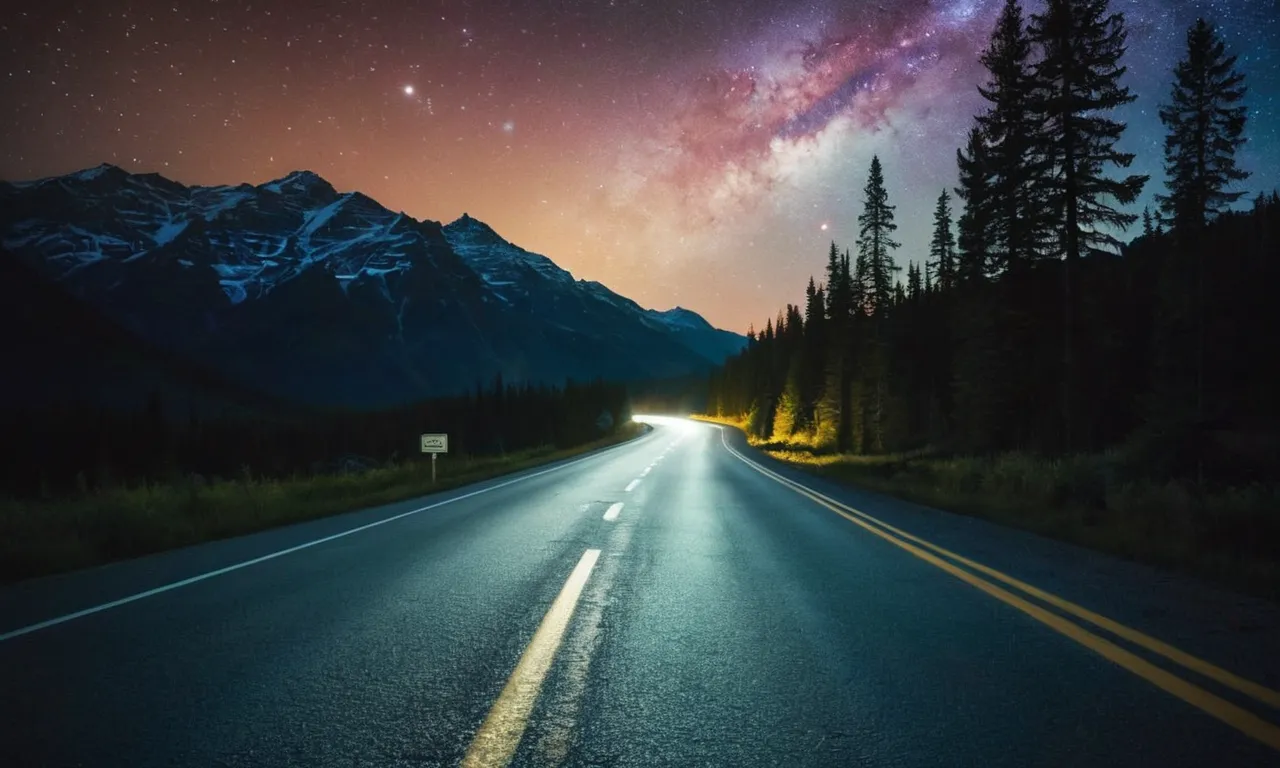 A mesmerizing night scene captured on canvas, where a luminescent road meanders through the darkness, its ethereal glow leading the way like a guiding star.