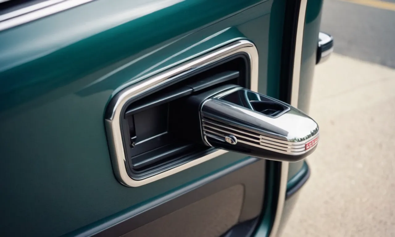 A close-up shot captures the intricate design of a car door handle, revealing a concealed compartment cleverly hidden within, hinting at a covert purpose beyond its primary function.