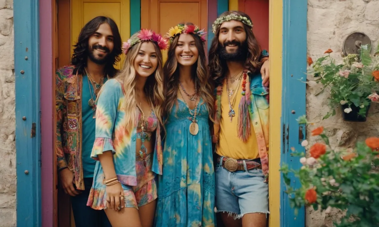 A vibrant, multi-colored canvas portrays a group of free-spirited hippies, clad in tie-dye and flowers, joyfully entering a world of love and acceptance through a side door.