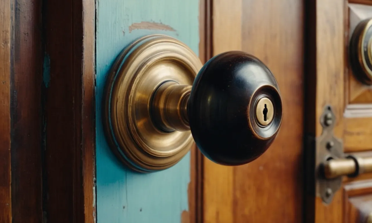 A still life painting capturing the intricate mechanics of a door knob, showcasing the interplay between its spindle, latch, and turning mechanism with vibrant colors and precise brushstrokes.