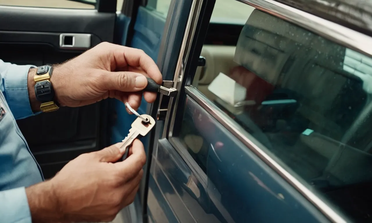 A close-up shot capturing a locksmith's skilled hands maneuvering specialized tools inside a locked car door, demonstrating the intricate process of unlocking it with precision and expertise.