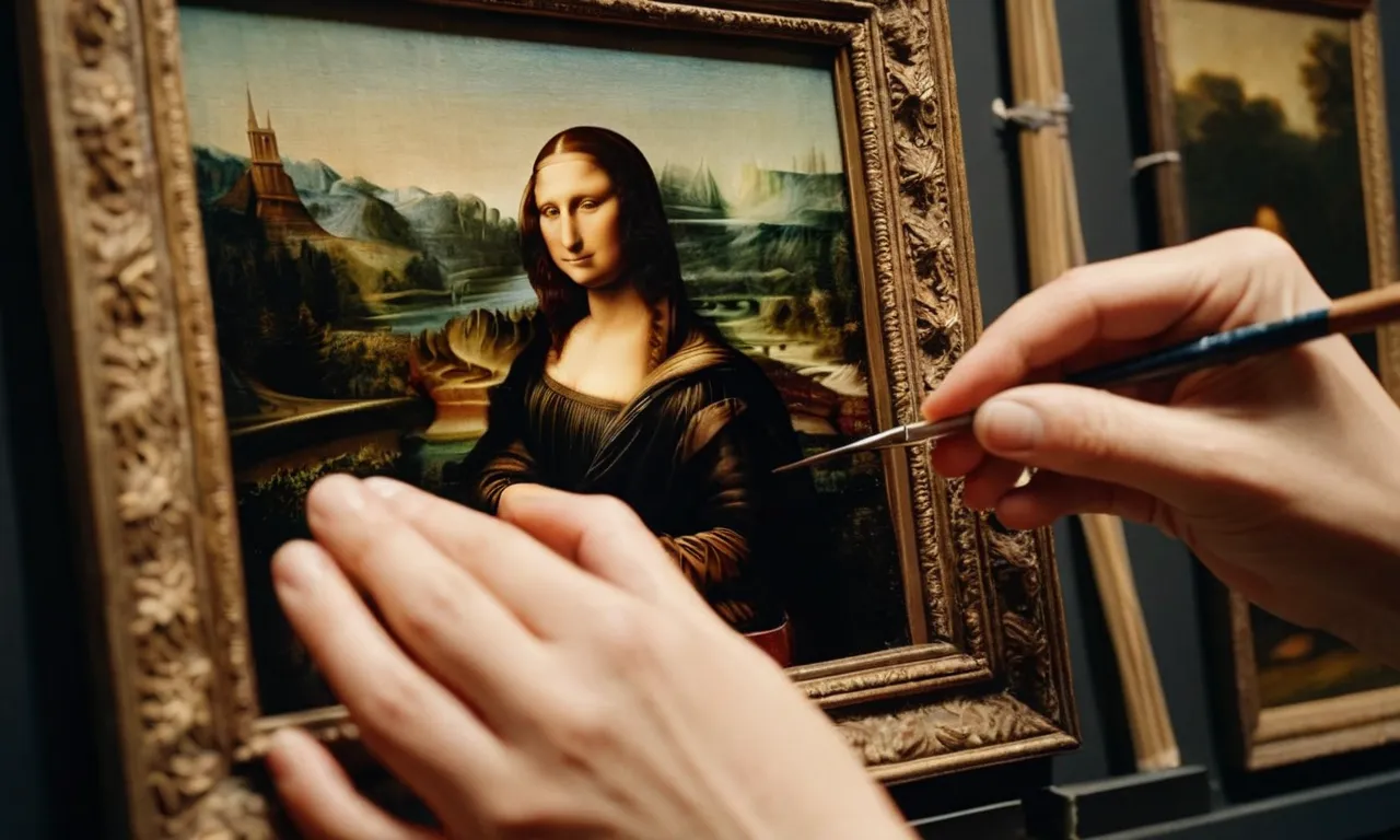 A close-up shot of Leonardo da Vinci's paintbrush delicately touching the canvas, capturing the intense concentration and dedication that went into creating the enigmatic masterpiece that is the Mona Lisa.