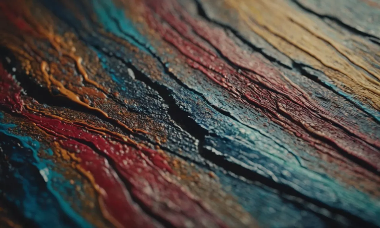 A close-up shot capturing the vibrant strokes of fabric paint on a canvas, highlighting the intricate details and textures, while subtly revealing the passage of time through the drying cracks.