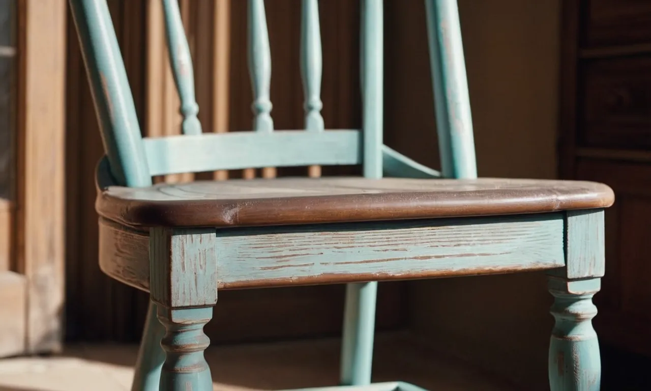A close-up shot capturing a wooden chair freshly painted with chalk paint, showcasing its texture and delicate brush strokes, while the paint gently dries in the natural sunlight.