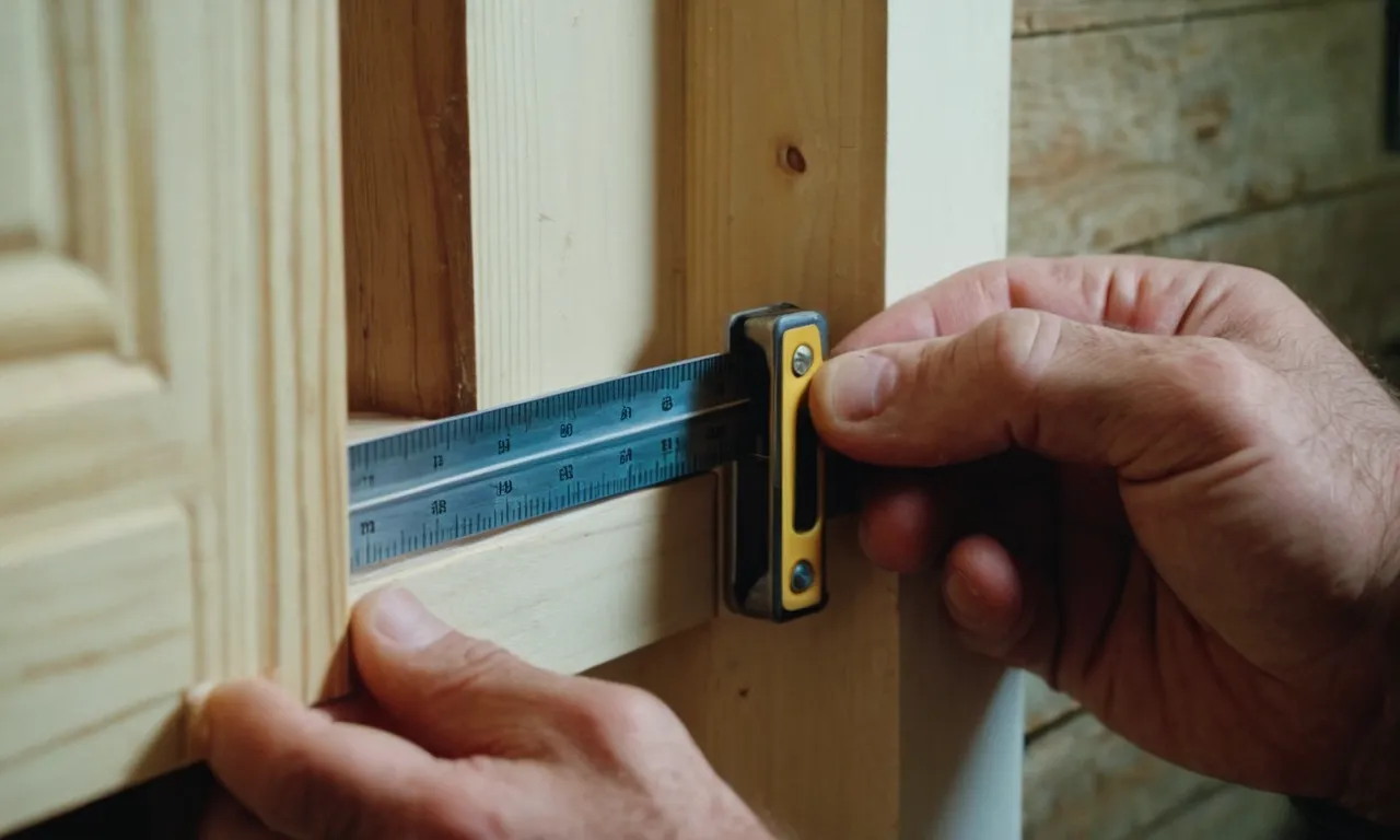 A close-up shot of a carpenter's hands, diligently measuring the width of a door frame, capturing the anticipation and precision involved in the process.