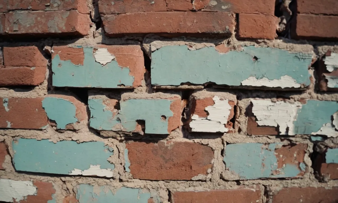 A close-up photo showcasing peeling and faded paint on a weathered brick wall, capturing the passage of time and the deteriorating effect it has on the paint's longevity.
