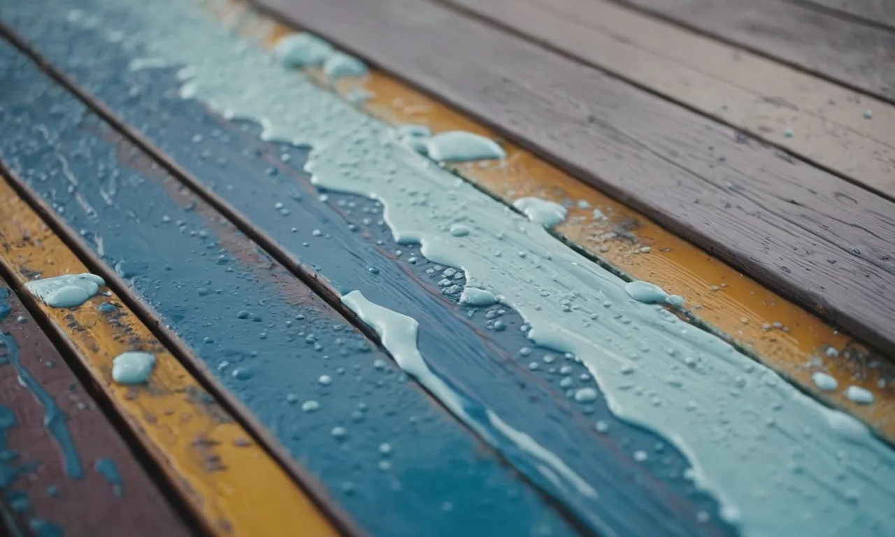 A close-up shot of a freshly painted deck, capturing the textured brush strokes and the glistening wet paint, evoking anticipation for the drying process to reveal a beautifully refreshed outdoor space.