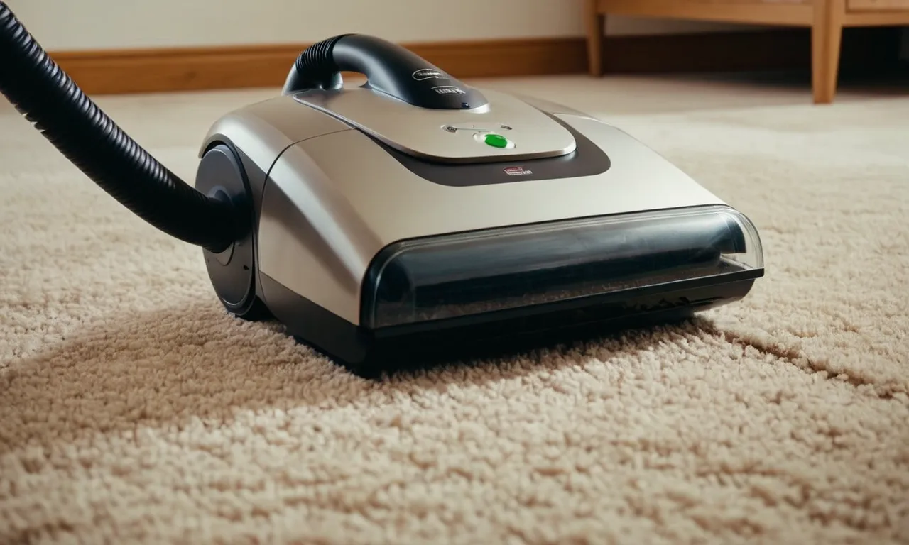 A close-up photo of a sleek, compact portable vacuum cleaner sitting on a perfectly clean carpet, showcasing its powerful suction and efficient design for effortless home cleaning.