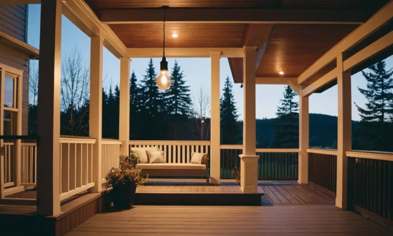 A close-up shot of a front porch with a warm, inviting glow emanating from a sleek, energy-efficient LED light bulb, casting a gentle illumination on the surrounding area.