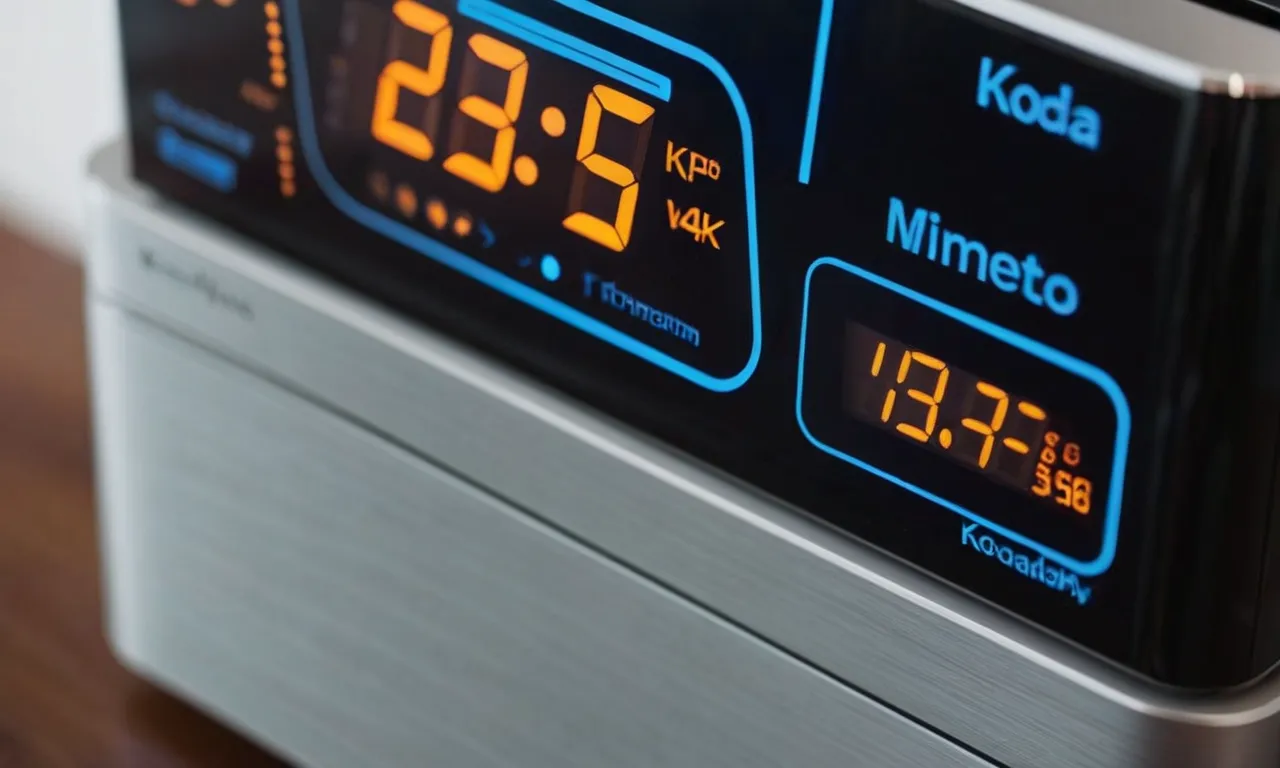 A close-up shot of a sleek smart thermostat with a backlit display, showcasing its wireless connectivity, energy-saving features, and compatibility with heating and cooling systems lacking a C wire.